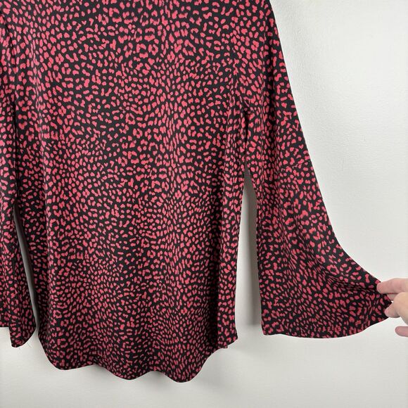 Michael Kors Shirt Womens M Black Red Leopard  Spot Long Sleeve Keyhole Stretch - Picture 7 of 8